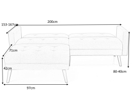 SOFA KANAPA ROZKŁADANA Z PODNÓŻKIEM CORNELIUS HALMAR z funkcją narożnika POPIELATA TKANINA LITE DREWNO